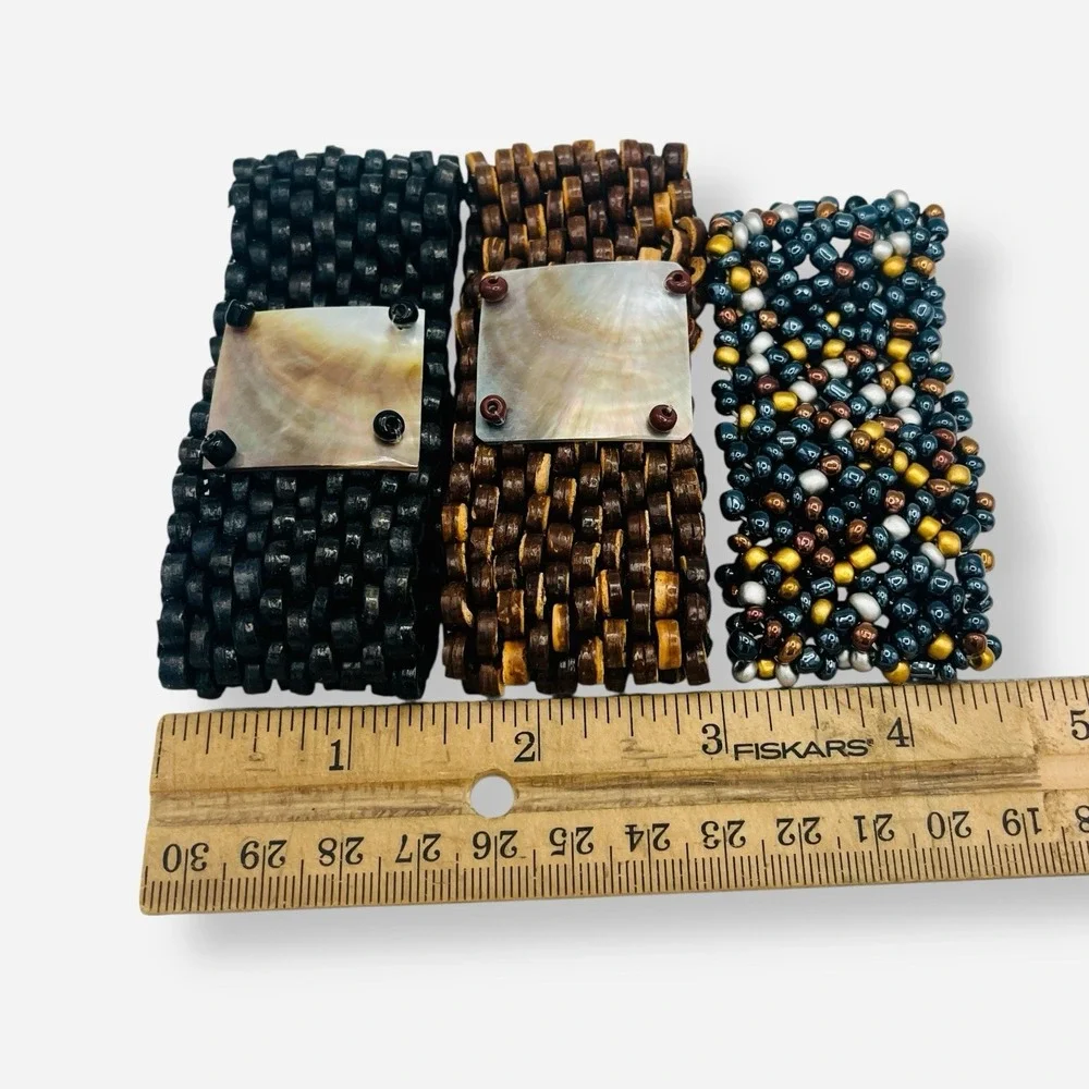 Abalone Shell Beaded Stretch‎ Bracelet Set Of 3 Black Brown Blue Gold
